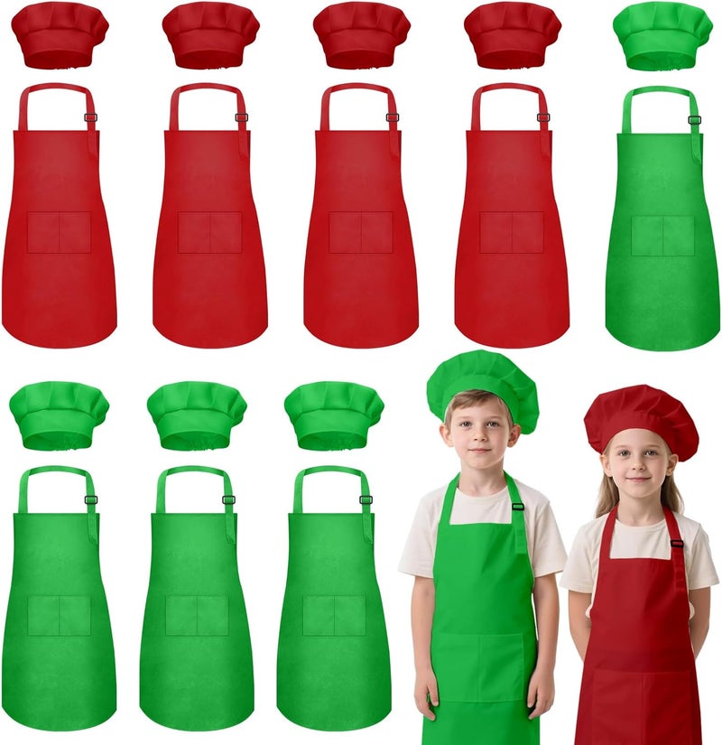 IAGBIBUI Kids Apron and Chef Hat Set, 16 Pieces Boys Girls Christmas Kids Apron with 2 Pockets Adjustable for Cooking Classroom Baking Painting, 6-13 Years(Red, Green) - Image 1